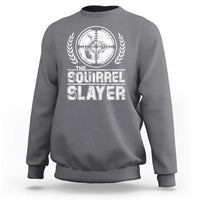 Charcoal crewneck sweatshirt with vintage squirrel slayer emblem graphic on front