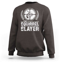 Dark chocolate crewneck sweatshirt with vintage squirrel slayer emblem graphic on front