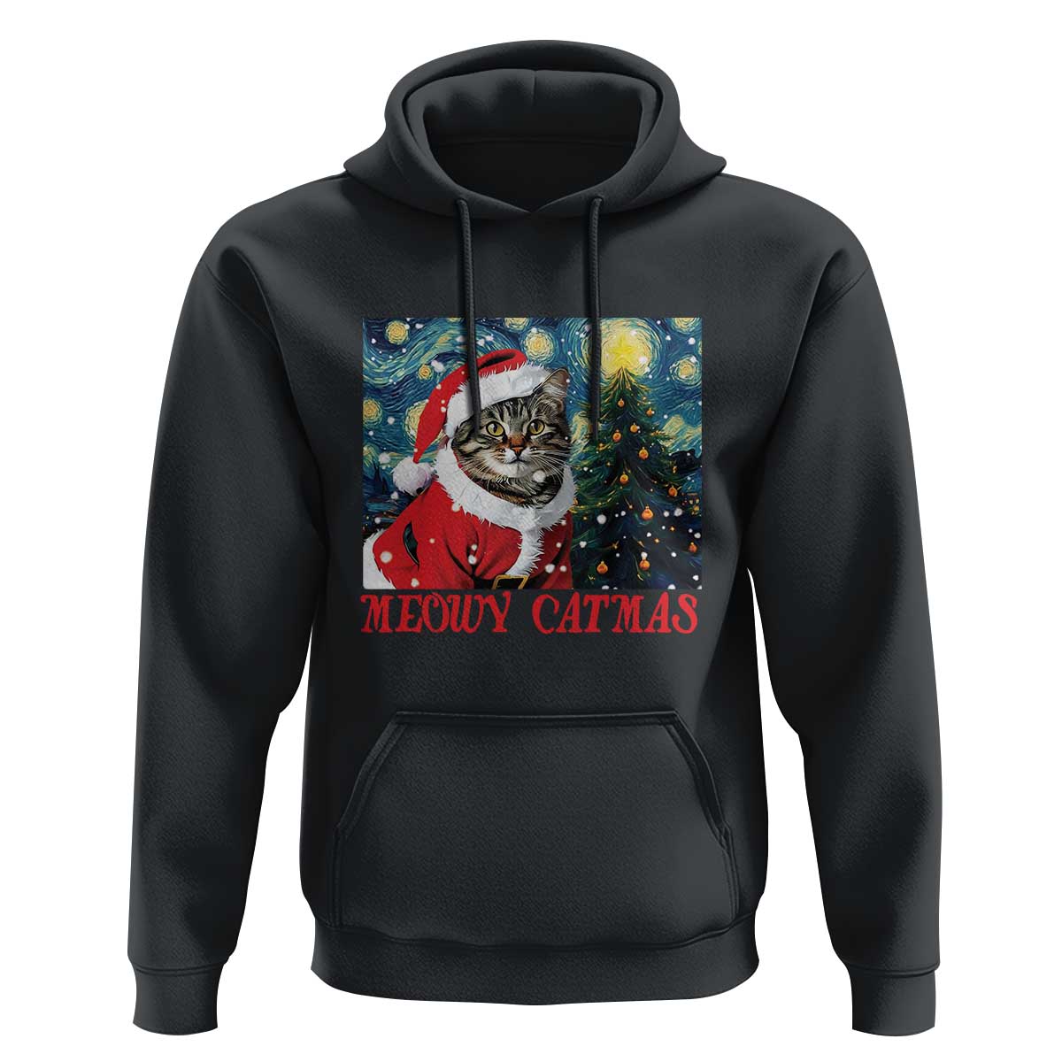 Black cat Christmas hoodie with front graphic of cat, tree, and “MEOWY CATMAS” text.