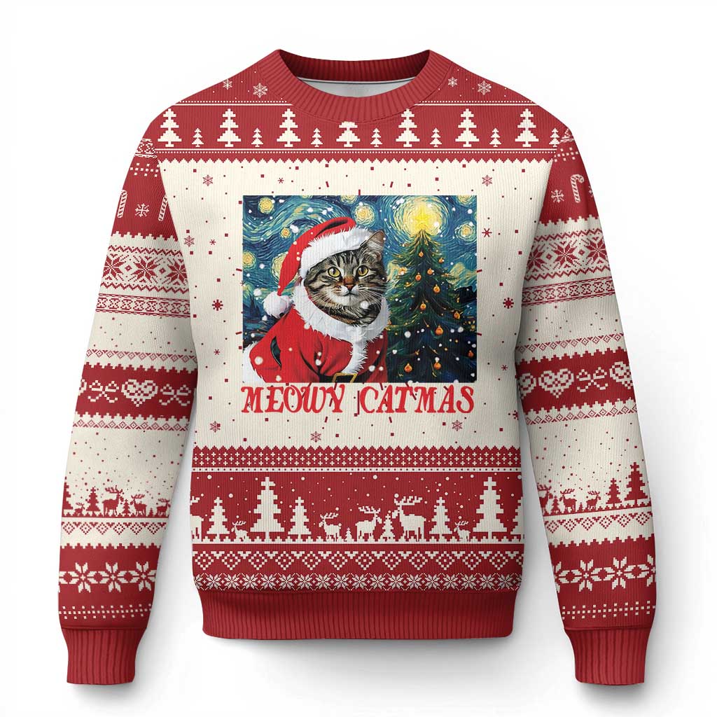 Red ugly Christmas sweater with cat artwork, trees, and festive knit patterns