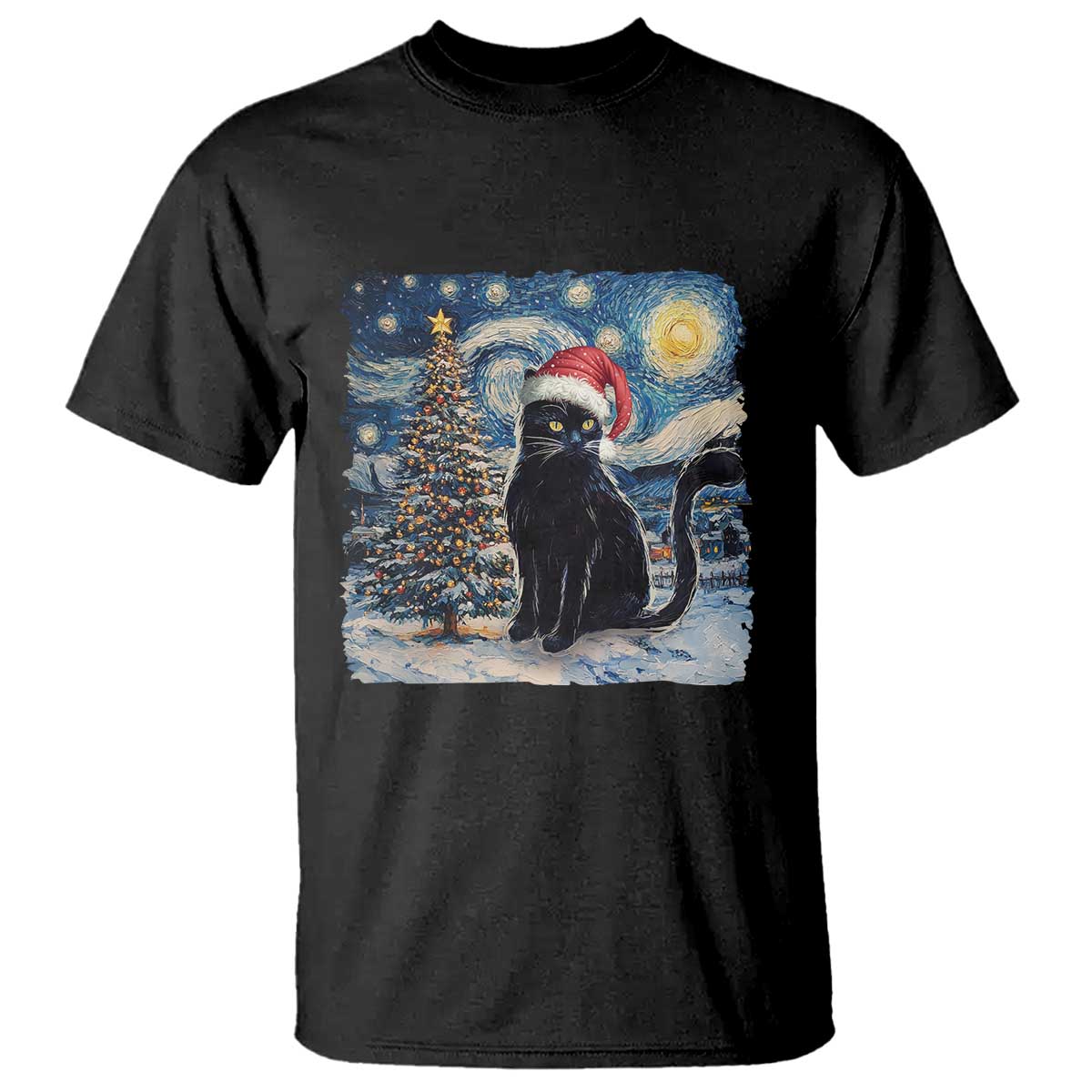 Black short-sleeve T-shirt with black cat wearing Santa hat, winter tree graphic.
