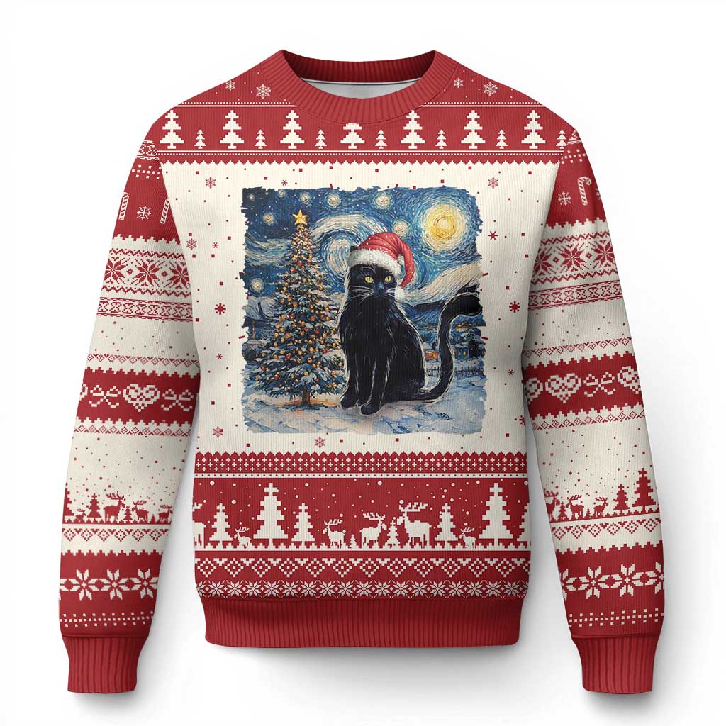 Red and white ugly Christmas sweater with cat in snowy night and holiday border