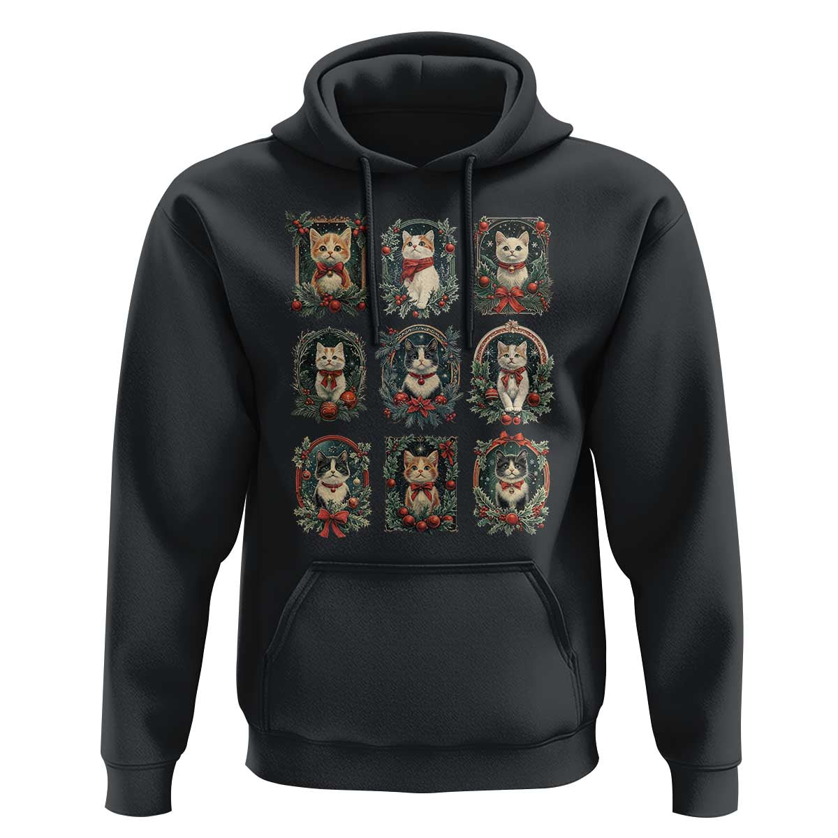 Black cat Christmas hoodie with front pocket and colorful vertical animal artwork