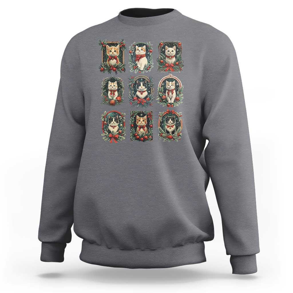Charcoal crewneck Christmas cat sweatshirt with 9 kitten wreath art squares