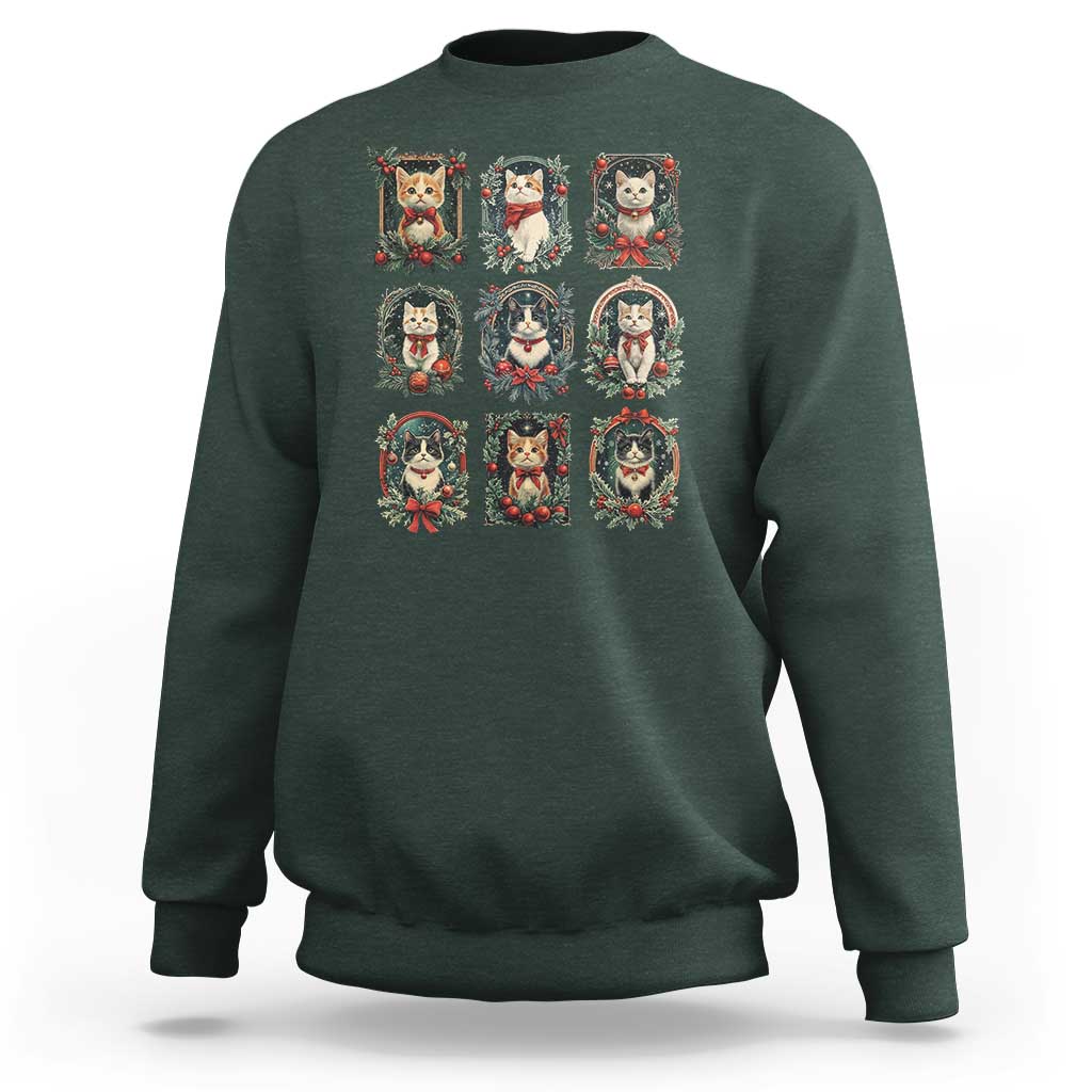 Dark forest green crewneck Christmas cat sweatshirt with 9 kitten wreath art squares
