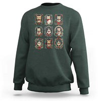 Dark forest green crewneck Christmas cat sweatshirt with 9 kitten wreath art squares