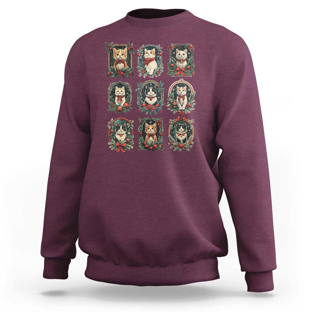 Maroon crewneck Christmas cat sweatshirt with 9 kitten wreath art squares