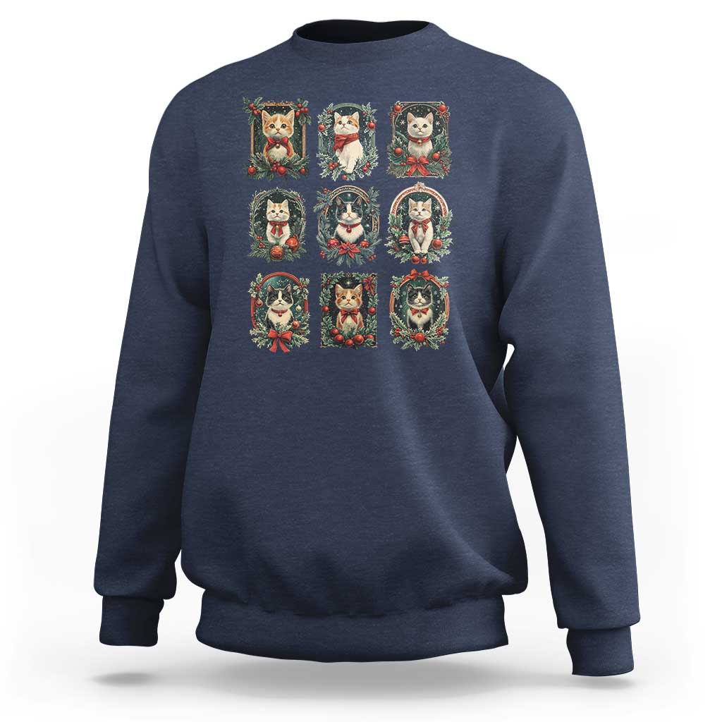 Navy crewneck Christmas cat sweatshirt with 9 kitten wreath art squares