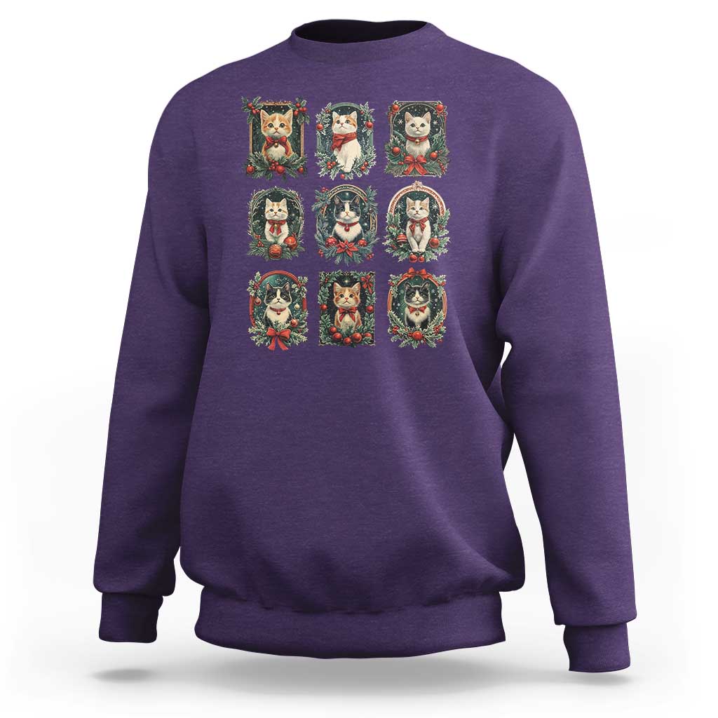 Purple crewneck Christmas cat sweatshirt with 9 kitten wreath art squares