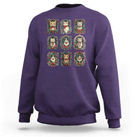 Purple crewneck Christmas cat sweatshirt with 9 kitten wreath art squares