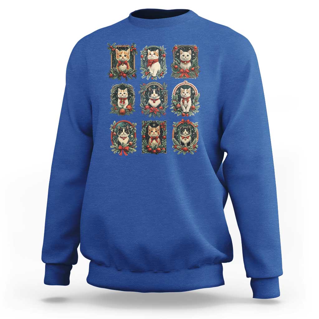 Royal blue crewneck Christmas cat sweatshirt with 9 kitten wreath art squares