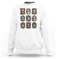 White crewneck Christmas cat sweatshirt with 9 kitten wreath art squares