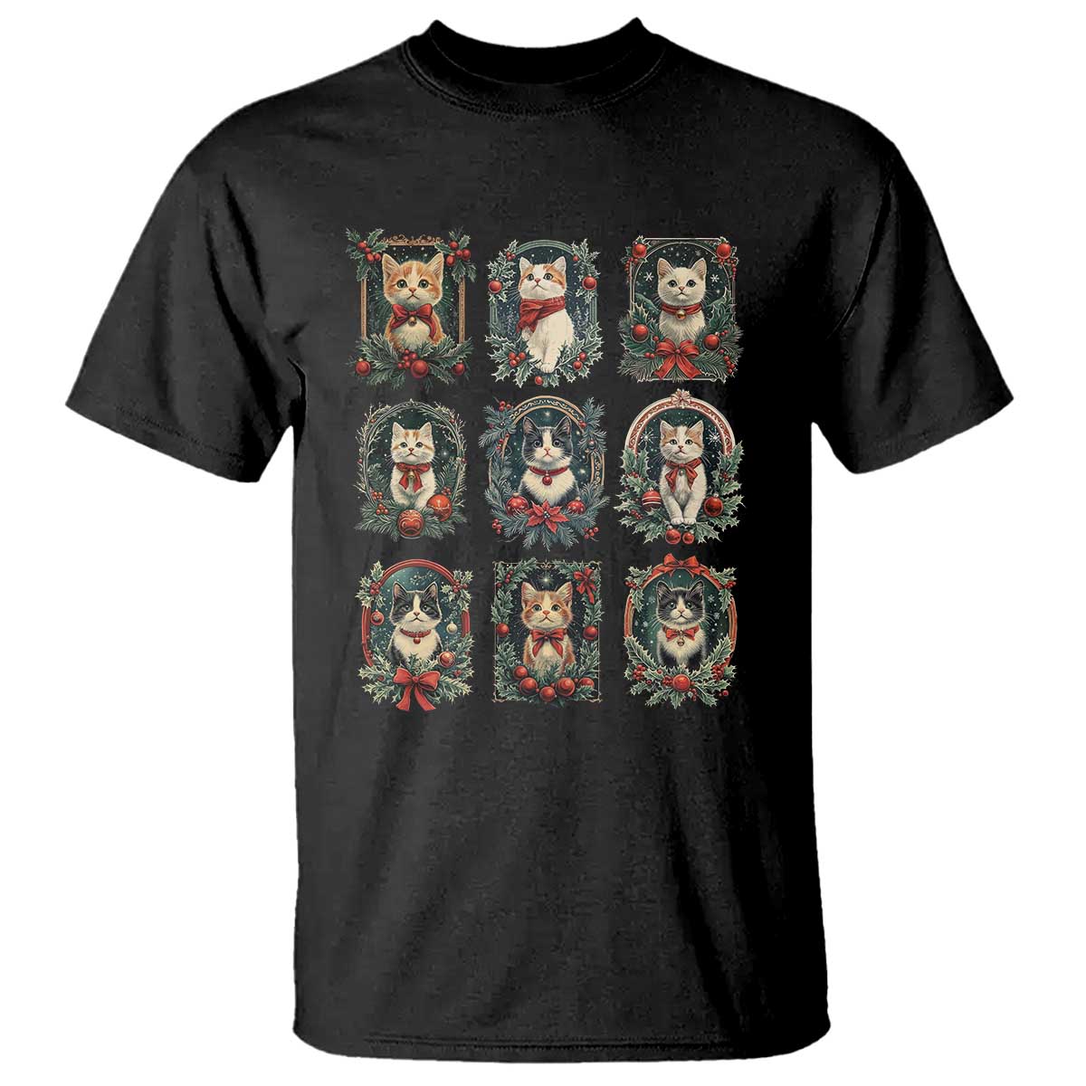 Black Christmas cat graphic T-shirt with vintage kitten wreath collage