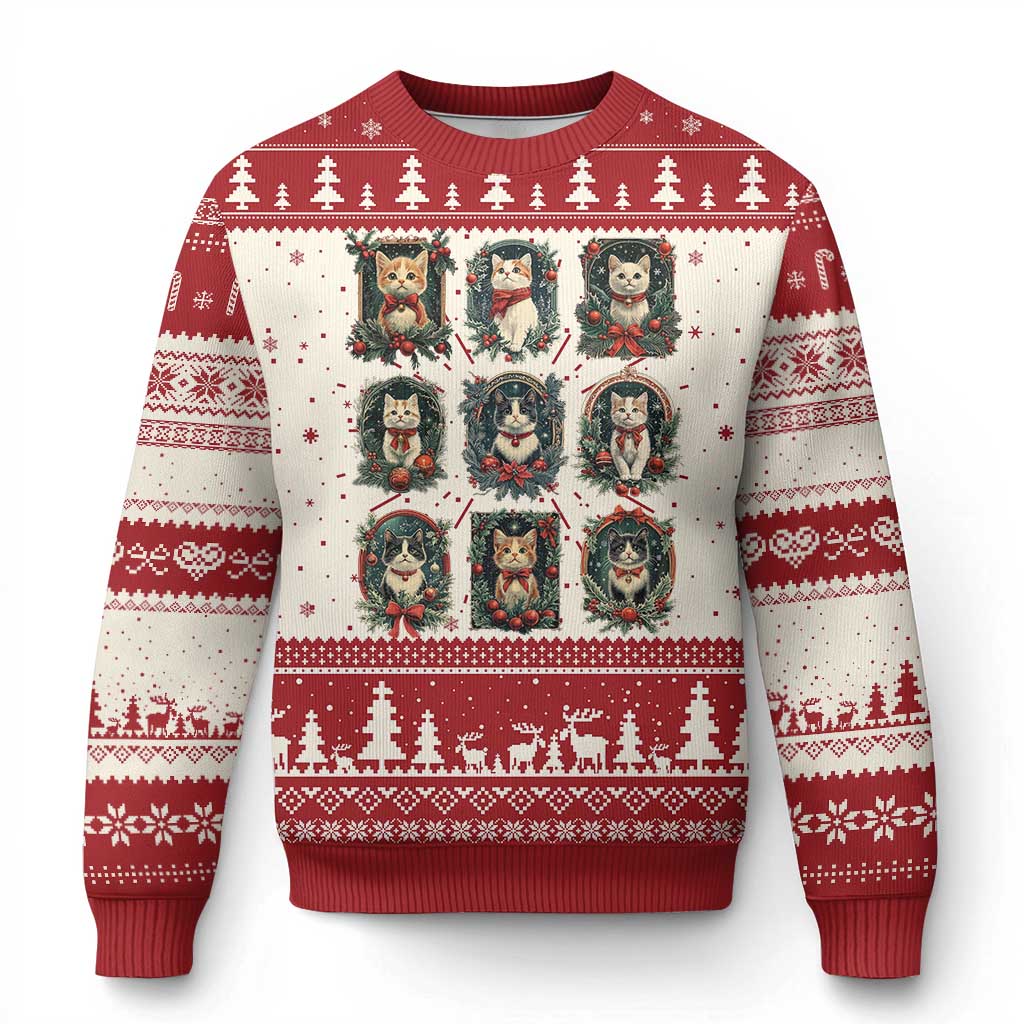 Red and cream Christmas sweater with kitten portrait grid and fair-isle borders
