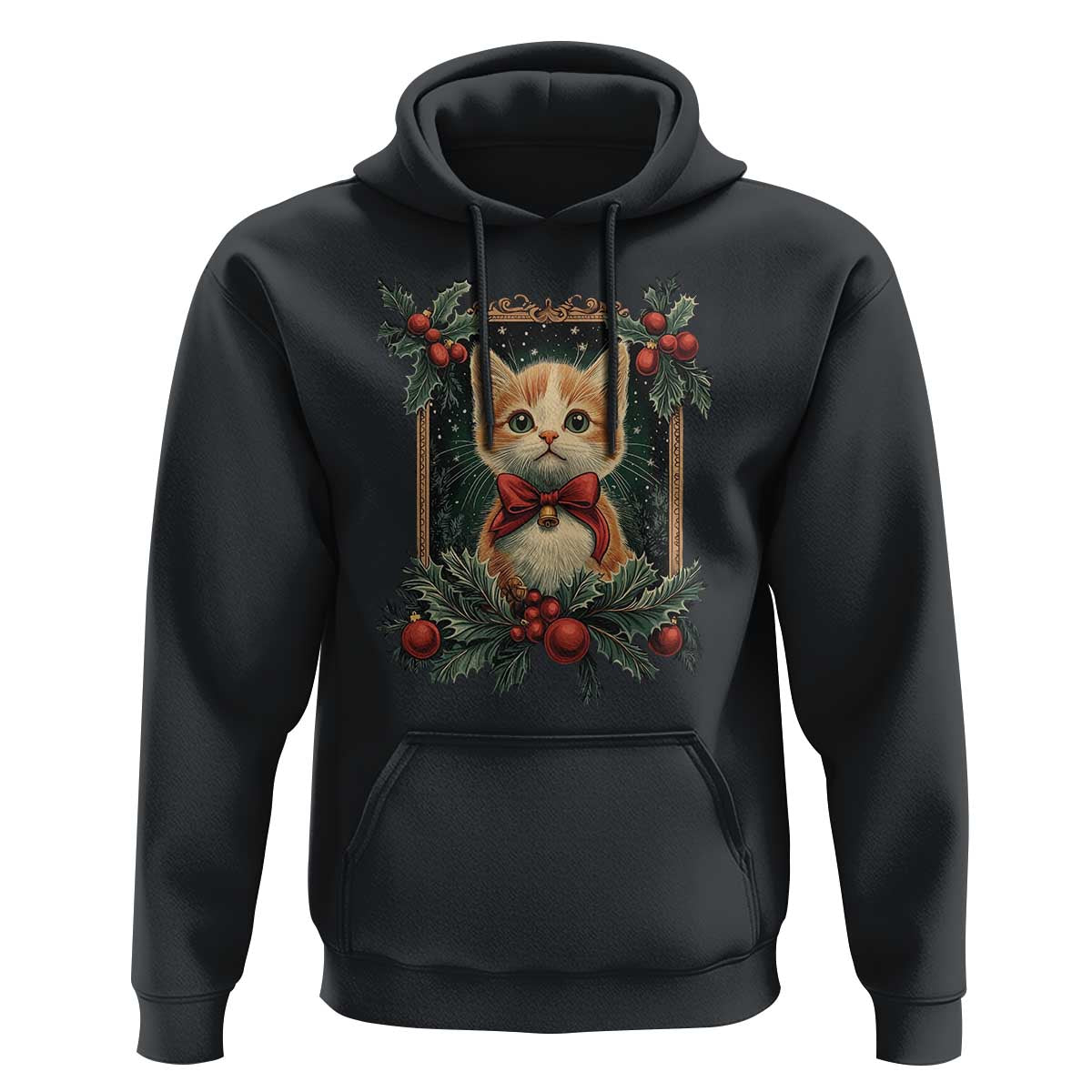 Black cat hoodie with front pocket and red bow wreath graphic, pullover with hood