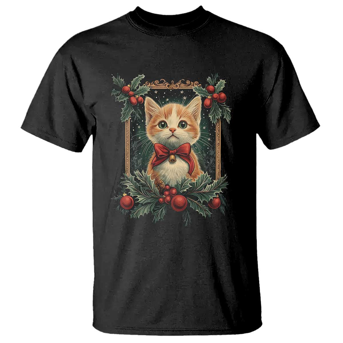 Black crewneck T-shirt with vintage kitten in holly wreath graphic on front