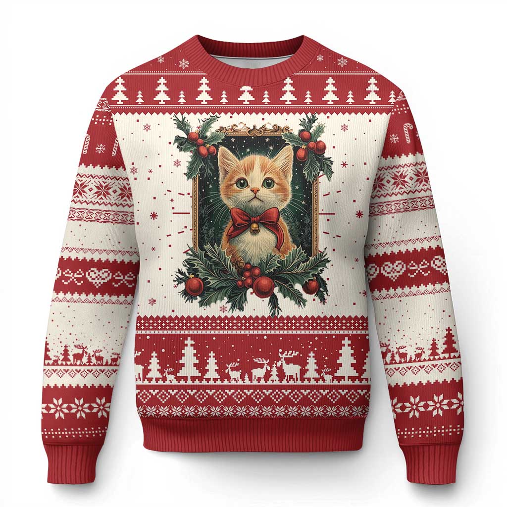 Red Christmas sweater with kitten in holly wreath graphic