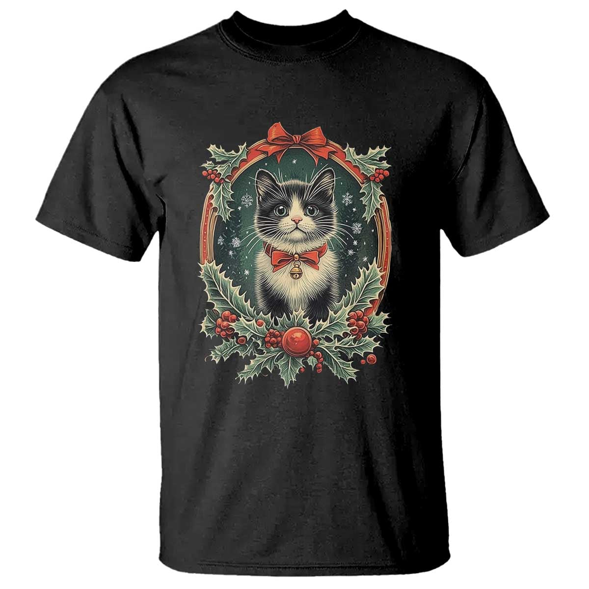 Black crewneck T-shirt with vintage kitten face and holly wreath graphic