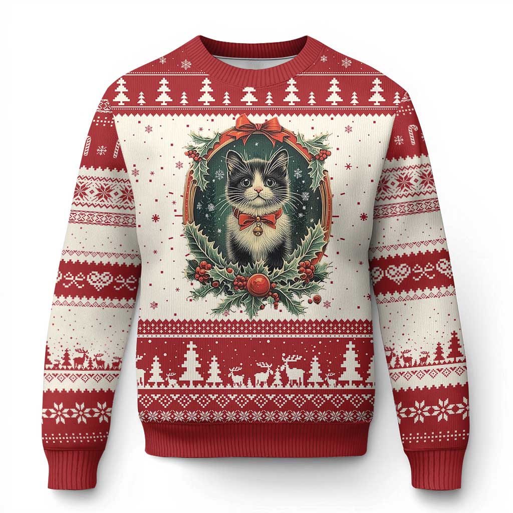 Red and cream Christmas sweater with cat wreath graphic and festive patterned cuffs