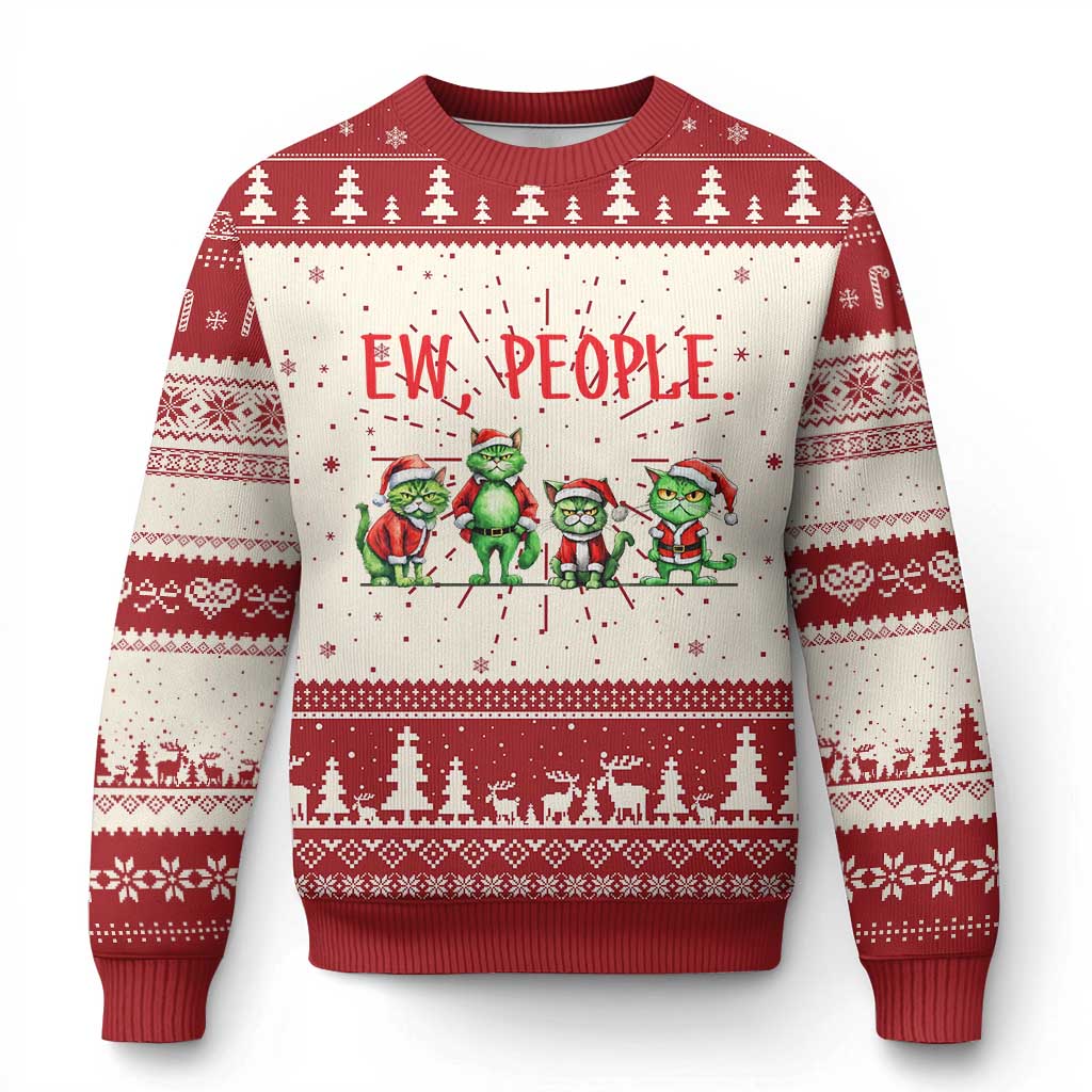 Ugly Christmas sweater, cream with red trim, cartoon cats under EW PEOPLE text