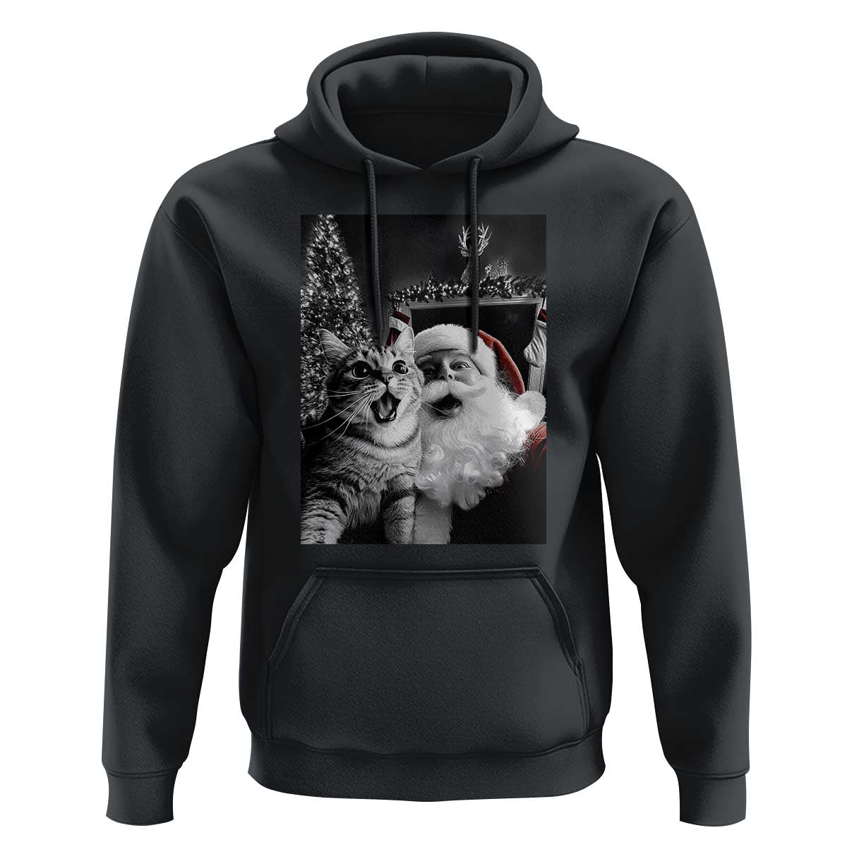 Black hoodie with cat and Santa selfie graphic, front kangaroo pocket and drawstring hood
