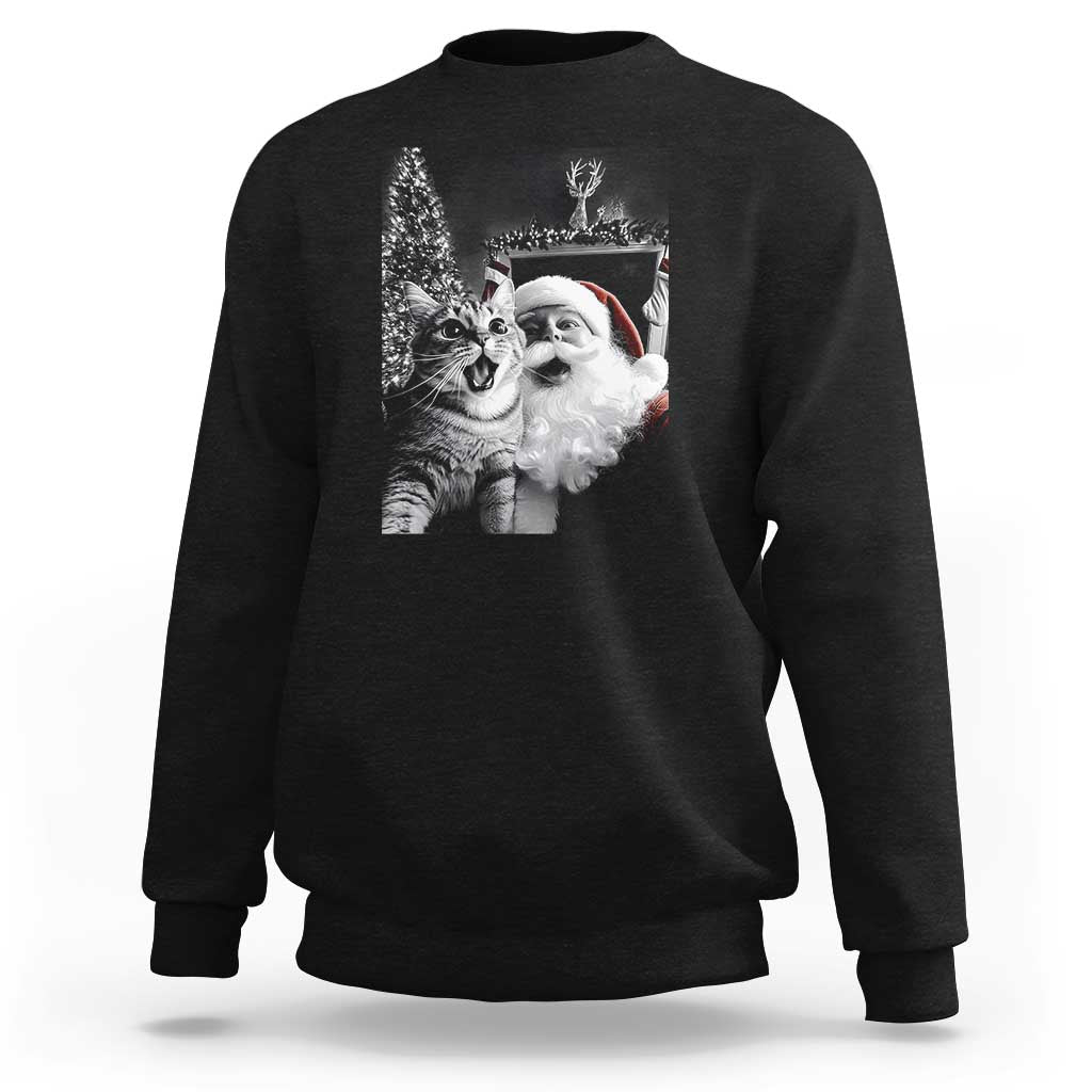 Black sweatshirt with cat-and-Santa graphic print on the back