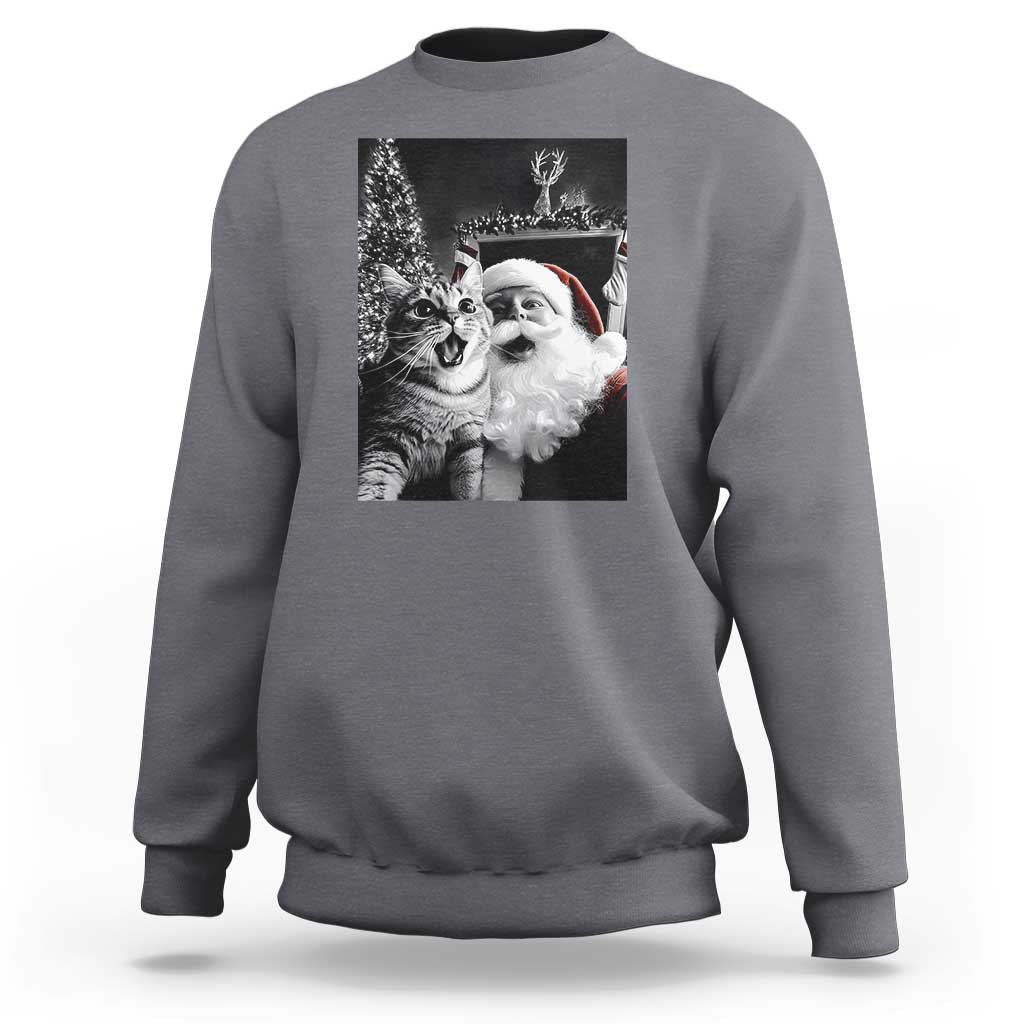 Charcoal gray sweatshirt with cat-and-Santa graphic print on the back
