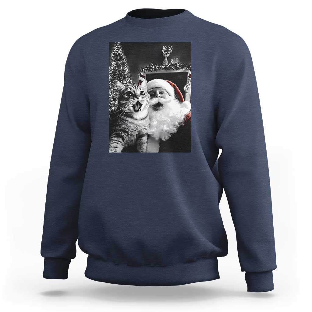 Navy sweatshirt with cat-and-Santa graphic print on the back