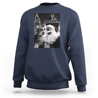 Navy sweatshirt with cat-and-Santa graphic print on the back