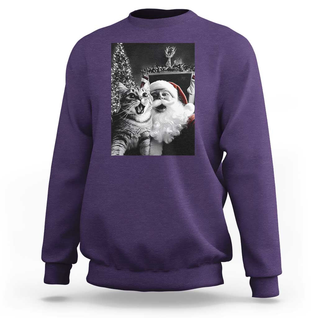 Purple sweatshirt with cat-and-Santa graphic print on the back