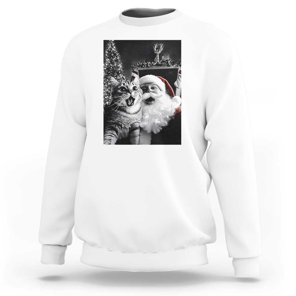 White sweatshirt with cat-and-Santa graphic print on the back