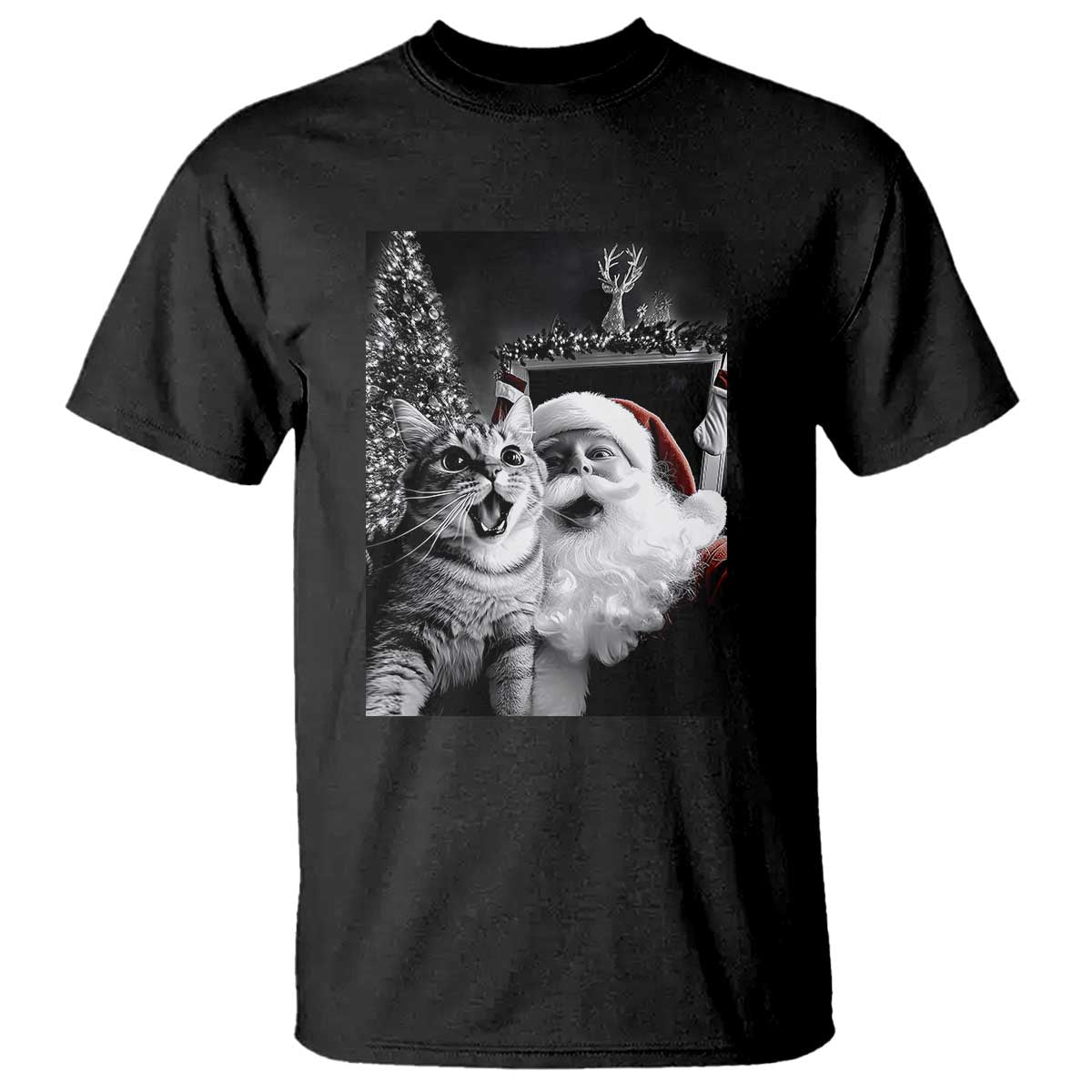 Black crew-neck T-shirt with cat-and-Santa selfie graphic in square print.