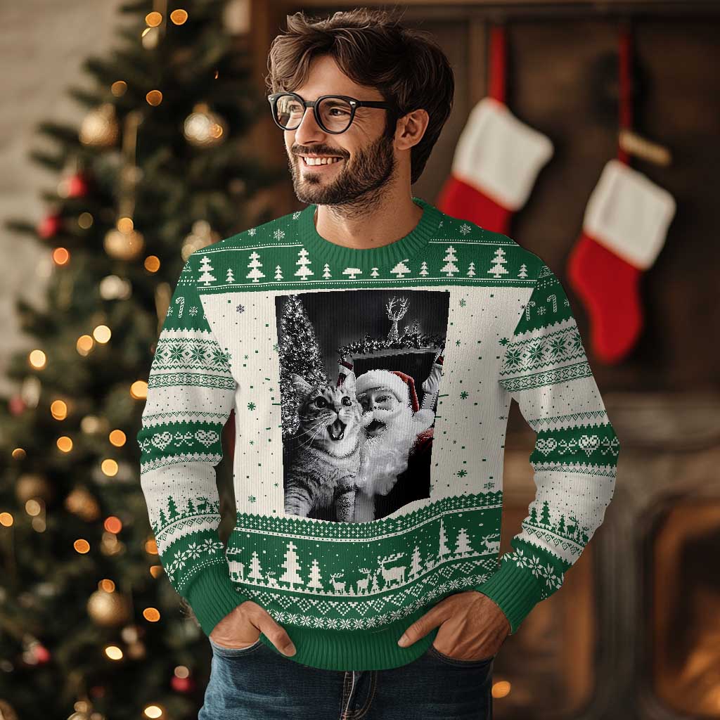 Ugly Christmas sweater in green and cream knit with cat-and-Santa photo-style print