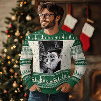 Ugly Christmas sweater in green and cream knit with cat-and-Santa photo-style print