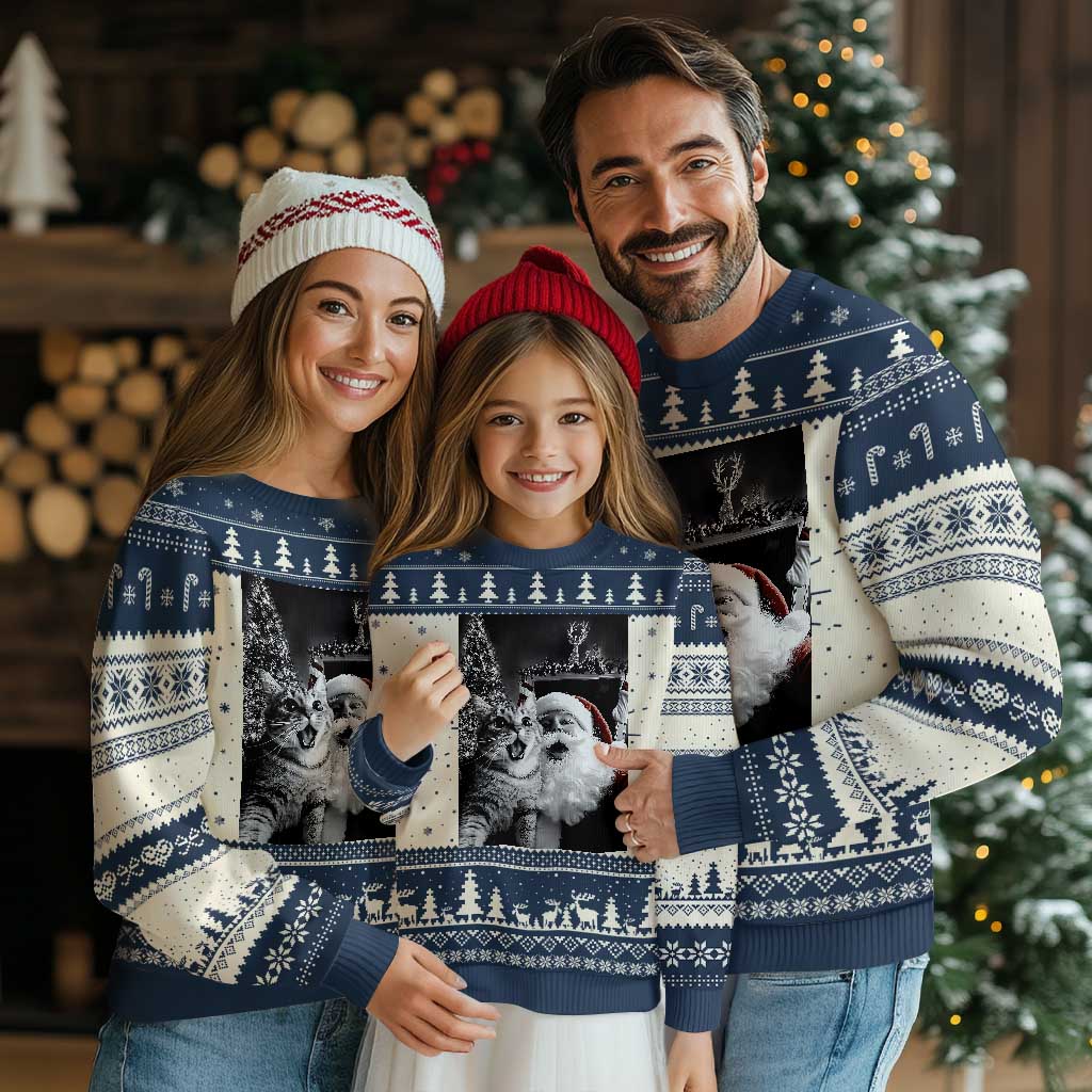 Ugly Christmas sweater in navy and cream knit with cat-and-Santa photo-style print