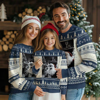 Ugly Christmas sweater in navy and cream knit with cat-and-Santa photo-style print