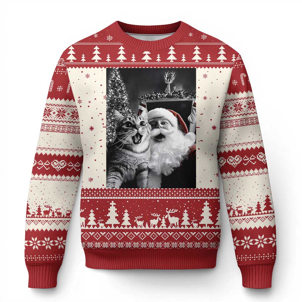 Ugly Christmas sweater in red and cream knit with cat-and-Santa front graphic