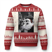 Ugly Christmas sweater in red and cream knit with cat-and-Santa front graphic
