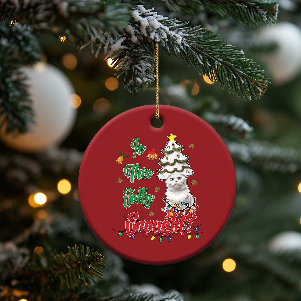 Red round cat Christmas ornament hanging from evergreen branches with decorated tree design.