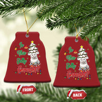Two red bell-shaped cat Christmas ornaments, shown with front and back labels.