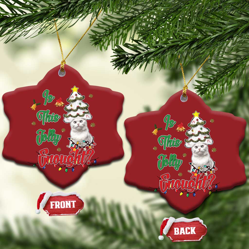 Two red snowflake-shaped cat Christmas ornaments, shown front and back labels.