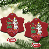 Two red snowflake-shaped cat Christmas ornaments, shown front and back labels.