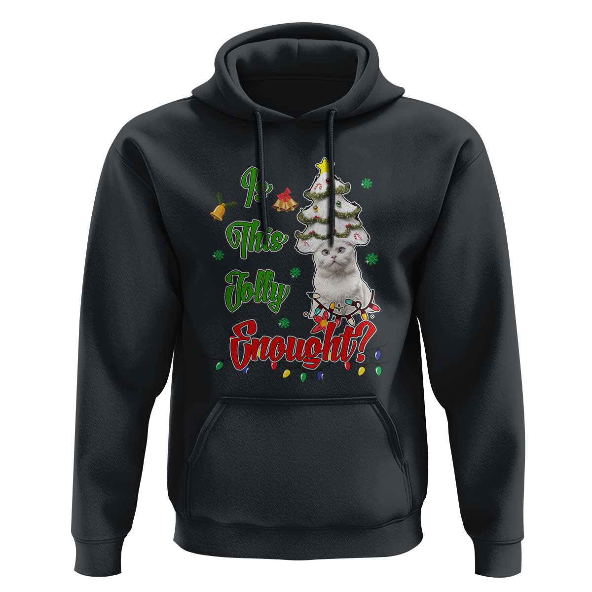 Black Christmas cat hoodie with front graphic of cat on decorated tree and festive text