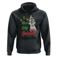 Black Christmas cat hoodie with front graphic of cat on decorated tree and festive text