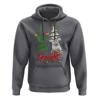 Charcoal Christmas cat hoodie with front graphic of cat on decorated tree and festive text