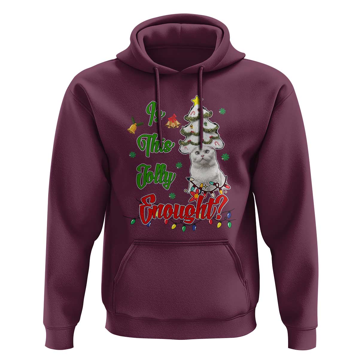 Maroon Christmas cat hoodie with front graphic of cat on decorated tree and festive text