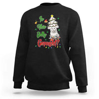 Black sweatshirt with cartoon cat in a Christmas tree, 'Is This Jolly Enough!' text