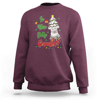 Maroon sweatshirt with cartoon cat in a Christmas tree, 'Is This Jolly Enough!' text