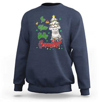 Navy sweatshirt with cartoon cat in a Christmas tree, 'Is This Jolly Enough!' text