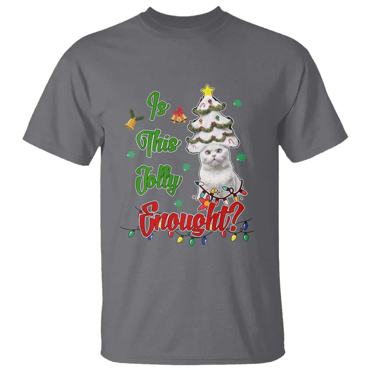 Charcoal T-shirt with cute cat wearing ornaments and Christmas tree graphic, multicolor print